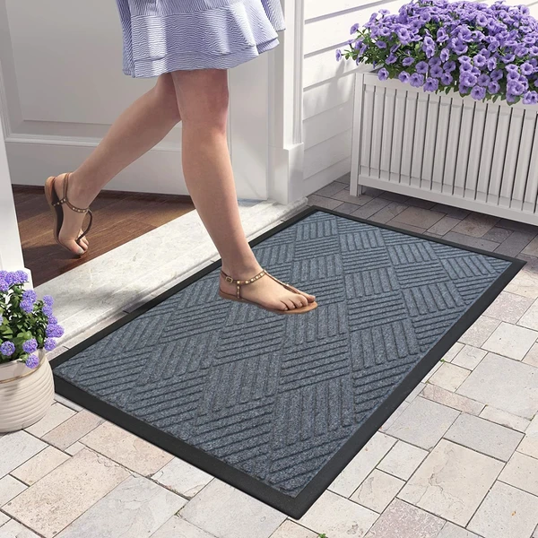 LUXE HOME INTERNATIONAL Luxe Home PVC Rubber Outdoor Door Mat Stripe Box Design Long Main Entrance Doormate Anti Slip Waterproof Welcome Mats for Floor, Bathroom, Kitchen, Office, Gym (Dark Silver, 60x90 cm, Pack of 1 ) - Dark Silver