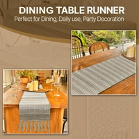 LUXE HOME INTERNATIONAL Elegant Beige and White Woven Table Runner with Tassels - 100% Cotton Jute-Look, 13 x 74 Inch, Stripe - Perfect for Dining Table, Center Table, Décor - 13x74 Inch, Beige