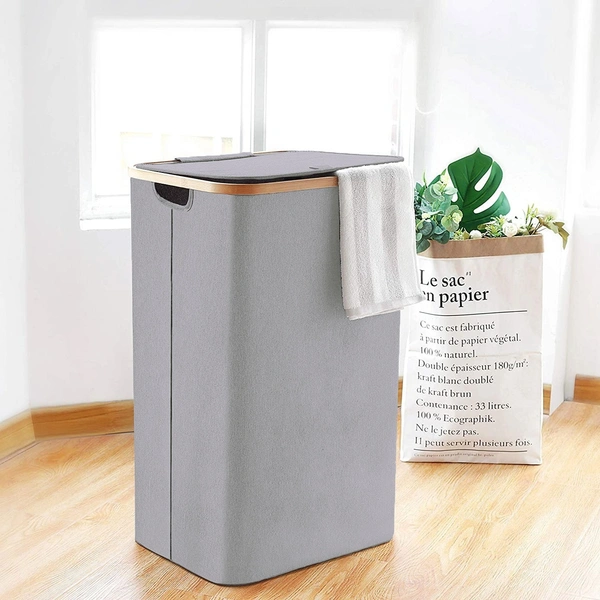LUXE HOME INTERNATIONAL Laundry Basket for Clothes, Premium Bamboo Big Storage Bag with Lid Multipurpose Used In Laundry Rooms, Bedrooms, Bathrooms (40x60 cm, Grey) - 40x60 cm, Silver