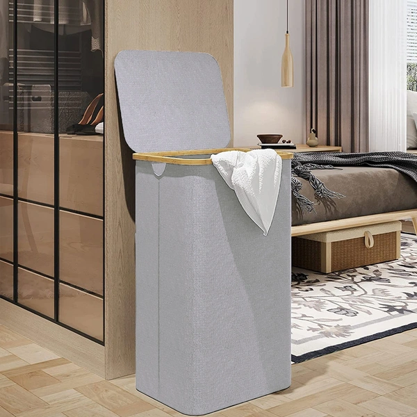 LUXE HOME INTERNATIONAL Laundry Basket for Clothes, Premium Bamboo Big Storage Bag with Lid Multipurpose Used In Laundry Rooms, Bedrooms, Bathrooms (40x60 cm, Grey) - 40x60 cm, Silver