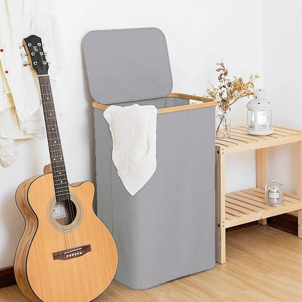 LUXE HOME INTERNATIONAL Laundry Basket for Clothes, Premium Bamboo Big Storage Bag with Lid Multipurpose Used In Laundry Rooms, Bedrooms, Bathrooms (40x60 cm, Grey) - 40x60 cm, Silver
