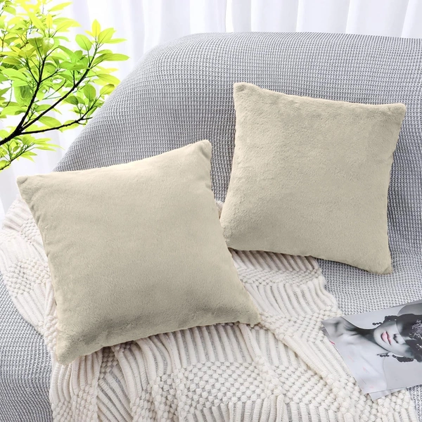 LUXE HOME INTERNATIONAL Cushion Cover 16 inch x 16 inch Duble Side Rabbit Fur Covers Set of 2 for Sofa, Bedroom, livingroom - 16"x16", Beige