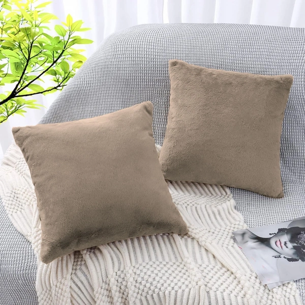 LUXE HOME INTERNATIONAL Cushion Cover 16 inch x 16 inch Duble Side Rabbit Fur Covers Set of 2 for Sofa, Bedroom, livingroom - 16"x16", Taupe