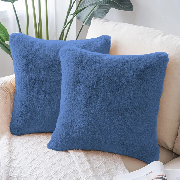 LUXE HOME INTERNATIONAL Cushion Cover 16 inch x 16 inch Duble Side Rabbit Fur Covers Set of 2 for Sofa, Bedroom, livingroom - 16"x16", Blue