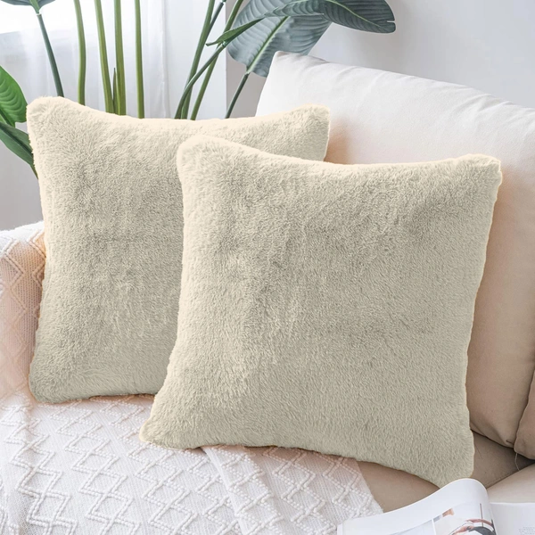LUXE HOME INTERNATIONAL Cushion Cover 16 inch x 16 inch Duble Side Rabbit Fur Covers Set of 2 for Sofa, Bedroom, livingroom - 16"x16", Beige