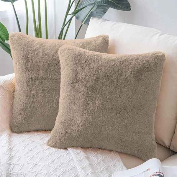LUXE HOME INTERNATIONAL Cushion Cover 16 inch x 16 inch Duble Side Rabbit Fur Covers Set of 2 for Sofa, Bedroom, livingroom - 16"x16", Taupe