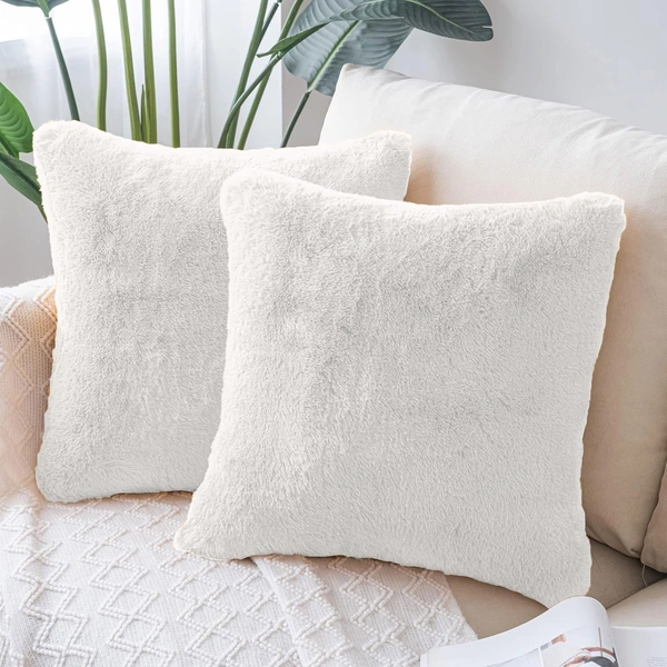 LUXE HOME INTERNATIONAL Cushion Cover 16 inch x 16 inch Duble Side Rabbit Fur Covers Set of 2 for Sofa, Bedroom, livingroom - 16"x16", White