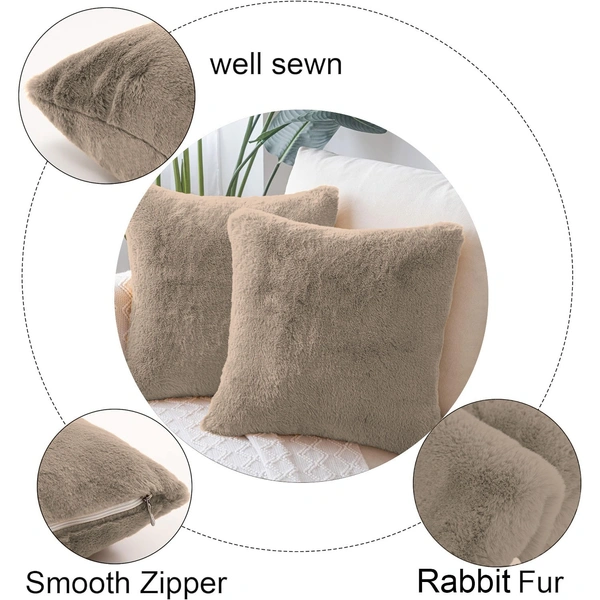 LUXE HOME INTERNATIONAL Cushion Cover 16 inch x 16 inch Duble Side Rabbit Fur Covers Set of 2 for Sofa, Bedroom, livingroom - 16"x16", Taupe