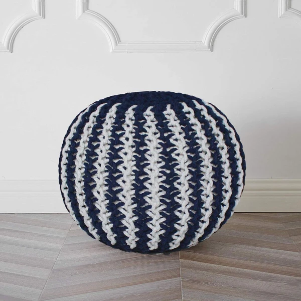 LUXE HOME INTERNATIONAL Luxe Home Cotton Hand Knitted Round Italian Ottoman pouffe Stool for Living Room, Bedroom, Hallway ( 20x20x14 Inches, Navy Blue, Piece of 1) - Navy Blue