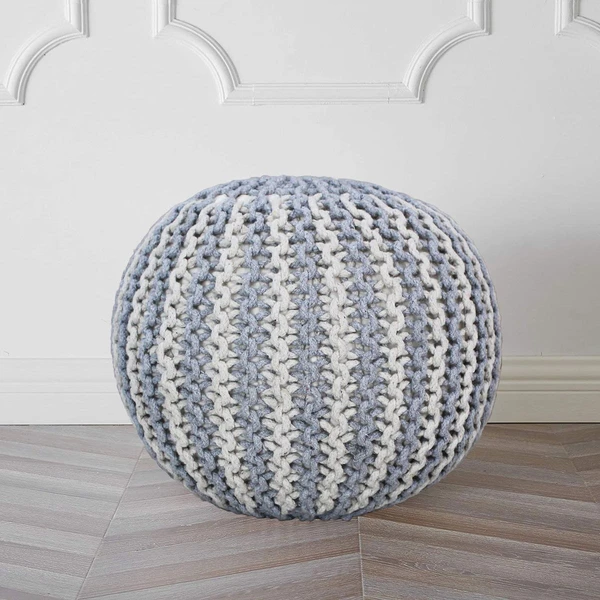 LUXE HOME INTERNATIONAL Luxe Home Cotton Hand Knitted Round Italian Ottoman pouffe Stool for Living Room, Bedroom, Hallway ( 20x20x14 Inches, Silver, Piece of 1) - Silver