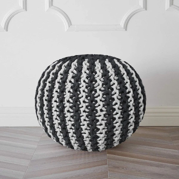 LUXE HOME INTERNATIONAL Luxe Home Cotton Hand Knitted Round Italian Ottoman pouffe Stool for Living Room, Bedroom, Hallway ( 20x20x14 Inches, Anthra, Piece of 1) - Anthra