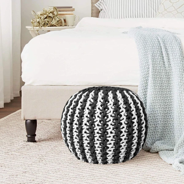 LUXE HOME INTERNATIONAL Luxe Home Cotton Hand Knitted Round Italian Ottoman pouffe Stool for Living Room, Bedroom, Hallway ( 20x20x14 Inches, Anthra, Piece of 1) - Anthra