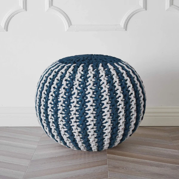 LUXE HOME INTERNATIONAL Luxe Home Cotton Hand Knitted Round Italian Ottoman pouffe Stool for Living Room, Bedroom, Hallway ( 20x20x14 Inches, Teal, Piece of 1) - Teal