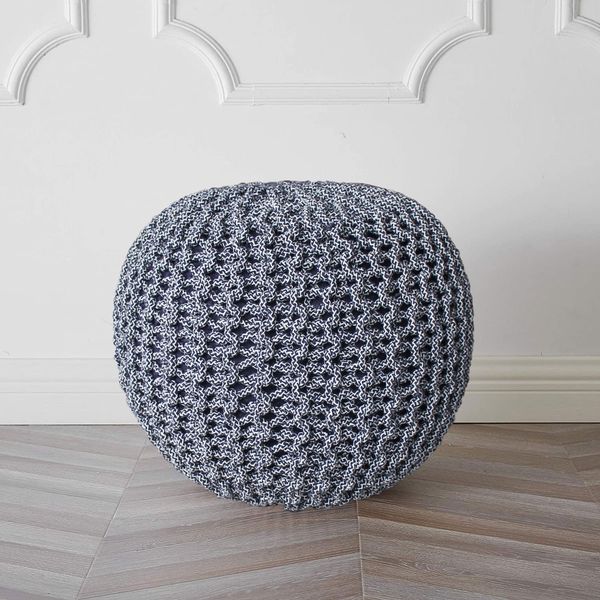 LUXE HOME INTERNATIONAL Luxe Home Cotton Hand Knitted Round Italian Ottoman pouffe Stool for Living Room, Bedroom, Hallway ( 20x20x14 Inches, Blue, Piece of 1) - Blue