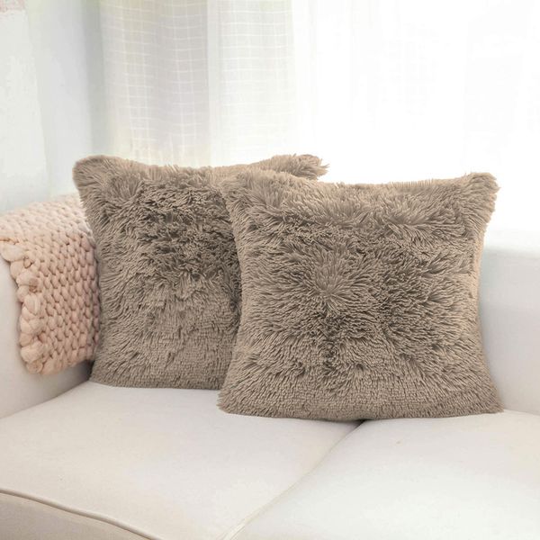 LUXE HOME INTERNATIONAL Luxe Home Cushion Cover Marino Fur Sold Design Ultra Soft for Home Decor, Sofa, Bedroom, Fernituer, Living Room Set of 2 ( 16"x16", Taupe ) - Taupe