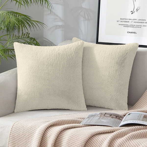 LUXE HOME INTERNATIONAL LuxeHomeCushionCoverRebbitFurSoldDesignUltraSoftforHomeDecor,Sofa,Bedroom,Fernituer,LivingRoomSetof2(16"x16",Beige) - Beige