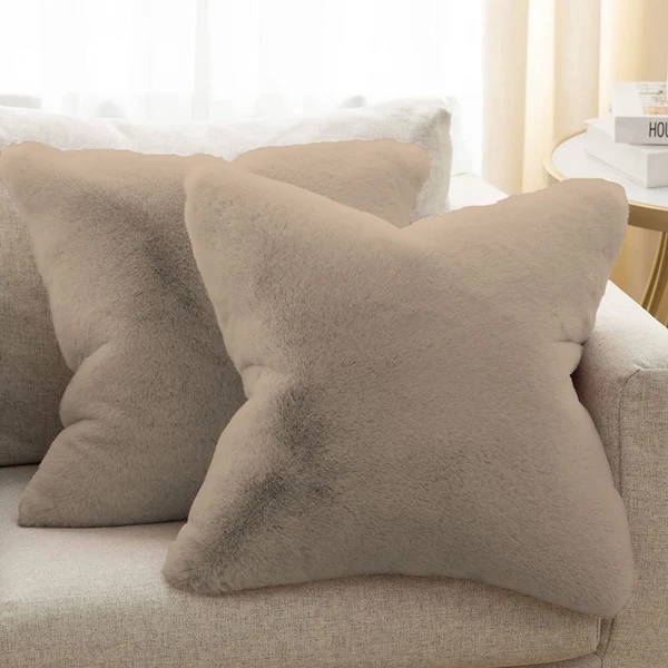 LUXE HOME INTERNATIONAL Luxe Home Cushion Cover Rebbit Fur Sold Design Ultra Soft for Home Decor, Sofa, Bedroom, Fernituer, Living Room Set of 2 ( 16"x16", Taupe) - Taupe