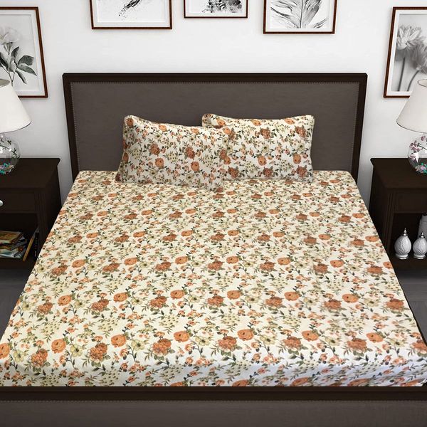 LUXE HOME INTERNATIONAL Luxe Home Double Cotton Bedsheet 150 TC Manhattan King Size with 2 Pillow Cover Set for Double Bed (, Orange90x100 Inch, MB-0002 ) - Orange