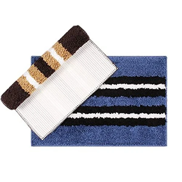 LUXE HOME INTERNATIONAL Bathmat Stripe Microfiber 1600 GSM Anti-Skid ( Blue, Chocolate , 38 Cm x 58 Cm , Pack of 2 ) - Blue, Chocolate