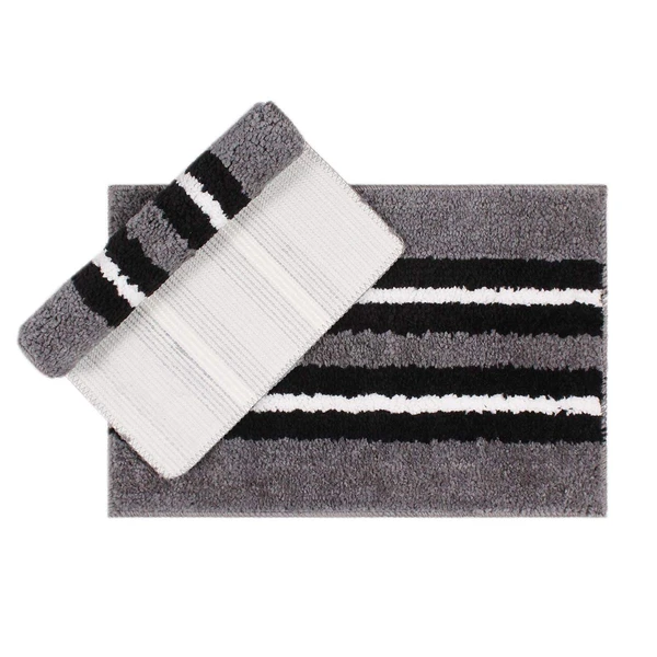 LUXE HOME INTERNATIONAL Bathmat Stripe Microfiber 1600 GSM Anti-Skid ( Grey , 38 Cm x 58 Cm , Pack of 2 ) - Grey