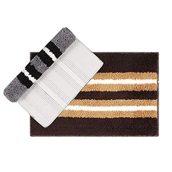 LUXE HOME INTERNATIONAL Bathmat Stripe Microfiber 1600 GSM Anti-Skid ( Grey, Chocolate , 38 Cm x 58 Cm , Pack of 2 ) - Grey, Chocolate