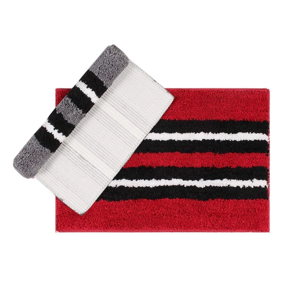 LUXE HOME INTERNATIONAL Bathmat Stripe Microfiber 1600 GSM Anti-Skid ( Grey, Maroon , 38 Cm x 58 Cm , Pack of 2 ) - Grey, Maroon