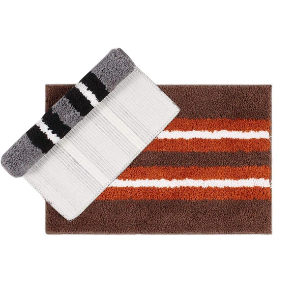 LUXE HOME INTERNATIONAL Bathmat Stripe Microfiber 1600 GSM Anti-Skid ( Grey, Terra , 38 Cm x 58 Cm , Pack of 2 ) - Grey, Terra