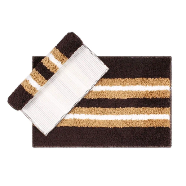 LUXE HOME INTERNATIONAL Bathmat Stripe Microfiber 1600 GSM Anti-Skid ( Chocolate , 38 Cm x 58 Cm , Pack of 2 ) - Chocolate