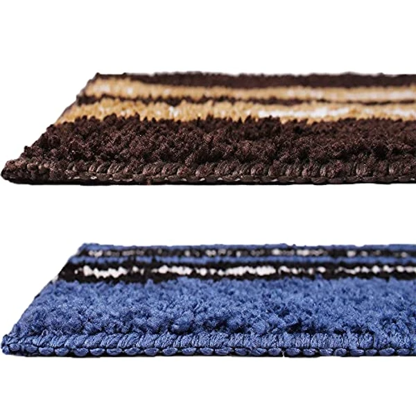 LUXE HOME INTERNATIONAL Bathmat Stripe Microfiber 1600 GSM Anti-Skid ( Blue, Chocolate , 38 Cm x 58 Cm , Pack of 2 ) - Blue, Chocolate