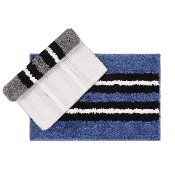 LUXE HOME INTERNATIONAL Bathmat Stripe Microfiber 1600 GSM Anti-Skid ( Blue, Grey , 38 Cm x 58 Cm , Pack of 2 ) - Blue, Grey