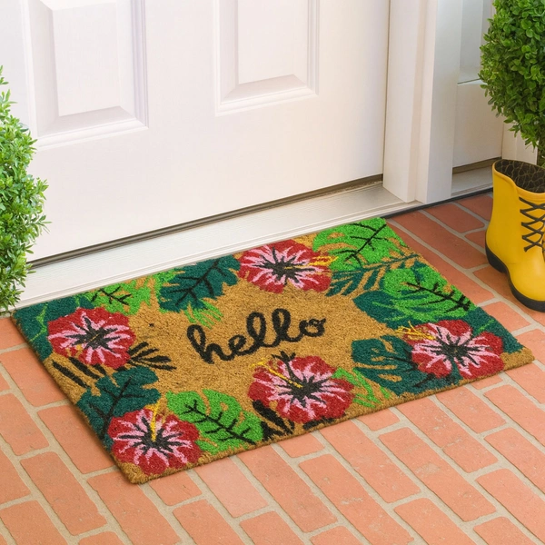 Luxe Home International  Hello Floral Design Coir Doormat for Entrance (71 x 45 cm ) - 71x 45 Cm, Green