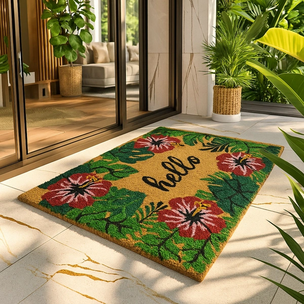 Luxe Home International  Hello Floral Design Coir Doormat for Entrance (71 x 45 cm ) - 71x 45 Cm, Green