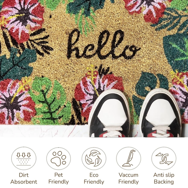 Luxe Home International  Hello Floral Design Coir Doormat for Entrance (71 x 45 cm ) - 71x 45 Cm, Green
