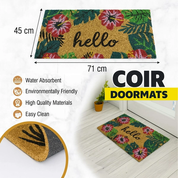 Luxe Home International  Hello Floral Design Coir Doormat for Entrance (71 x 45 cm ) - 71x 45 Cm, Green