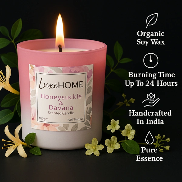 Luxe Home International Honey Suckle Davana Scented Candle 7.5x7 cm for Home Decor Bedroom Living Room Spa Bathroom Party Romantic Dinner and Gifting Pack of 1 Candle - 7.5x7cm, Pink