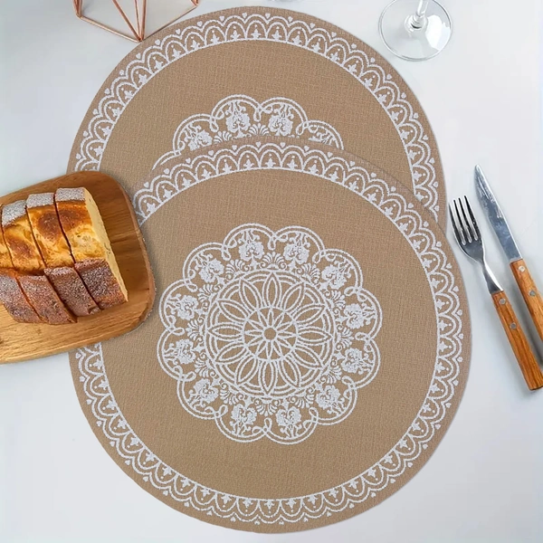 Luxe Home International PVC Beige Mandala Design Round Table Placemat � Heat Resistant, Non-Slipy Premium Dining Placemat for Kitchen & Home (15x15 Inches) � Pack of 1 - Round, Beige, 1.Heat resistant and easy to clean.
2.Perfect for dining table and kitchen use.
3.Protects dining table from scratches, spills, and stains.
4.Non-slip surface keeps placemat stable on table.
5.Available in pack of , 2, 4, or 6.
6.Round placemat made of high-quality PVC material.