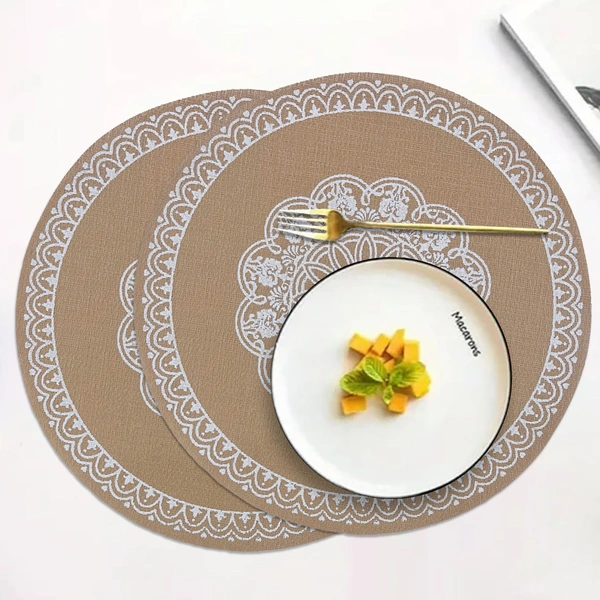 Luxe Home International PVC Beige Mandala Design Round Table Placemat � Heat Resistant, Non-Slipy Premium Dining Placemat for Kitchen & Home (15x15 Inches) � Pack of 1 - Round, Beige, 1.Heat resistant and easy to clean.
2.Perfect for dining table and kitchen use.
3.Protects dining table from scratches, spills, and stains.
4.Non-slip surface keeps placemat stable on table.
5.Available in pack of , 2, 4, or 6.
6.Round placemat made of high-quality PVC material.