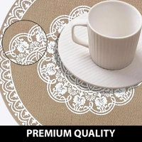 Luxe Home International PVC Beige Mandala Design Round Table Placemat � Heat Resistant, Non-Slipy Premium Dining Placemat for Kitchen & Home (15x15 Inches) � Pack of 1 - Round, Beige, 1.Heat resistant and easy to clean.
2.Perfect for dining table and kitchen use.
3.Protects dining table from scratches, spills, and stains.
4.Non-slip surface keeps placemat stable on table.
5.Available in pack of , 2, 4, or 6.
6.Round placemat made of high-quality PVC material.