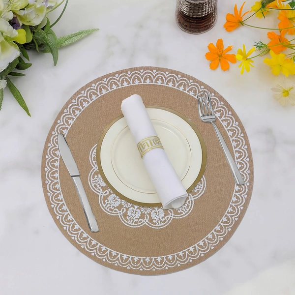 Luxe Home International PVC Beige Mandala Design Round Table Placemat � Heat Resistant, Non-Slipy Premium Dining Placemat for Kitchen & Home (15x15 Inches) � Pack of 1 - Round, Beige, 1.Heat resistant and easy to clean.
2.Perfect for dining table and kitchen use.
3.Protects dining table from scratches, spills, and stains.
4.Non-slip surface keeps placemat stable on table.
5.Available in pack of , 2, 4, or 6.
6.Round placemat made of high-quality PVC material.