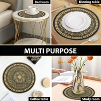 Luxe Home International PVC Black Mandala Design Round Table Placemat � Heat Resistant, Non-Slipy Premium Dining Placemat for Kitchen & Home (15x15 Inches) � Pack of 1 - Round, Black, 1.Heat resistant and easy to clean.
2.Perfect for dining table and kitchen use.
3.Protects dining table from scratches, spills, and stains.
4.Non-slip surface keeps placemat stable on table.
5.Available in pack of , 2, 4, or 6.
6.Round placemat made of high-quality PVC material.
