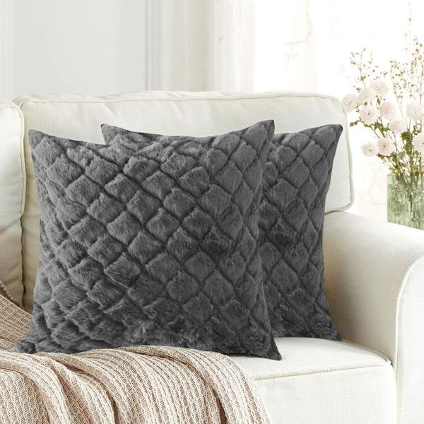LUXE HOME INTERNATIONAL Rabbit Fur Diamond Design Ultra Soft Cushion Cover Both Side Fur for Home Décor, Sofa, Bedroom, Festival Gifting, Living Room 16x16 Set of 2 - Grey