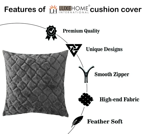 LUXE HOME INTERNATIONAL Rabbit Fur Diamond Design Ultra Soft Cushion Cover Both Side Fur for Home Décor, Sofa, Bedroom, Festival Gifting, Living Room 16x16 Set of 2 - Grey