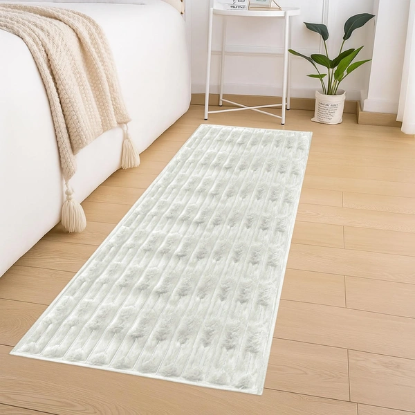 Luxe Home International Rabbit Tail Fur Floor Runner Super Soft, Washable, Anti Skid Runners for Bedroom - (2x5 Feet, Cream) - 2x5 Feet, Cream