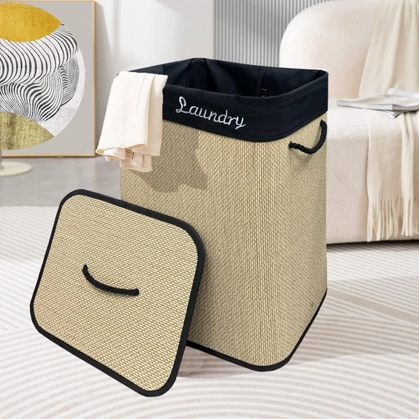 Luxe Home International LUXE HOME INTERNATIONAL Rectangle Bamboo Laundry Basket with Lid | Eco-Friendly, Foldable & Lightweight Organizer (Beige, 40x30x60 cm, Pack of 1) - 40x30x60, Natural