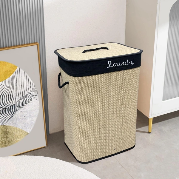 Luxe Home International LUXE HOME INTERNATIONAL Rectangle Bamboo Laundry Basket with Lid | Eco-Friendly, Foldable & Lightweight Organizer (Beige, 40x30x60 cm, Pack of 1) - 40x30x60, Natural