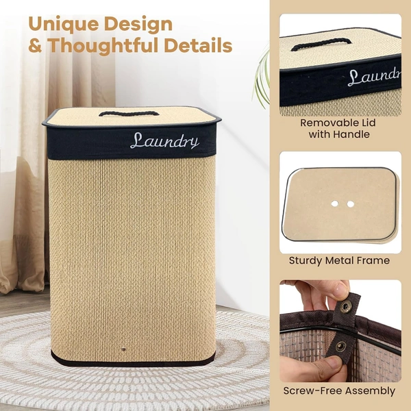 Luxe Home International LUXE HOME INTERNATIONAL Rectangle Bamboo Laundry Basket with Lid | Eco-Friendly, Foldable & Lightweight Organizer (Beige, 40x30x60 cm, Pack of 1) - 40x30x60, Natural