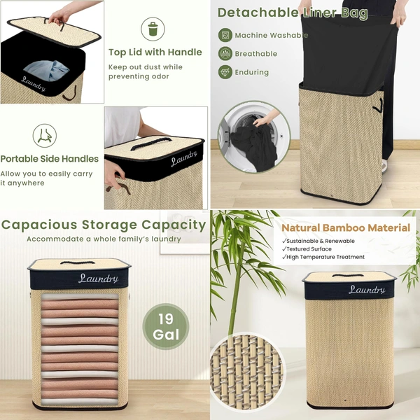Luxe Home International LUXE HOME INTERNATIONAL Rectangle Bamboo Laundry Basket with Lid | Eco-Friendly, Foldable & Lightweight Organizer (Beige, 40x30x60 cm, Pack of 1) - 40x30x60, Natural