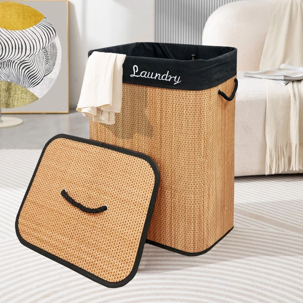 Luxe Home International LUXE HOME INTERNATIONAL Rectangle Bamboo Laundry Basket with Lid | Eco-Friendly, Foldable & Lightweight Organizer (Natural, 40x30x60 cm, Pack of 1) - 40x30x60, Beige