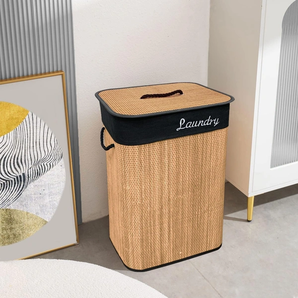 Luxe Home International LUXE HOME INTERNATIONAL Rectangle Bamboo Laundry Basket with Lid | Eco-Friendly, Foldable & Lightweight Organizer (Natural, 40x30x60 cm, Pack of 1) - 40x30x60, Beige