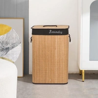 Luxe Home International LUXE HOME INTERNATIONAL Rectangle Bamboo Laundry Basket with Lid | Eco-Friendly, Foldable & Lightweight Organizer (Natural, 40x30x60 cm, Pack of 1) - 40x30x60, Beige